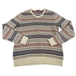 IZOD Mens XL Fair Isle V-Neck Sweater 100% Cotton Cream Navy Burgundy Geometric